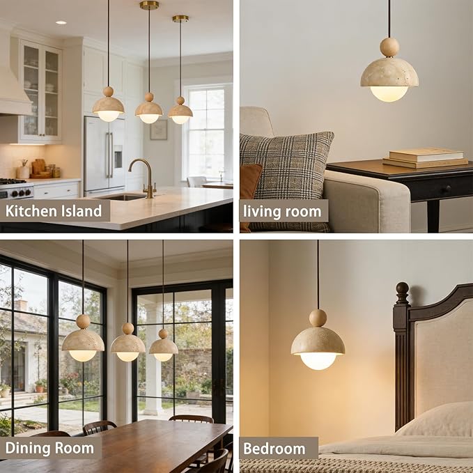 7.1inch Wabi Sabi Pendant Light, Yellow Travertine Pendant Light Fixture, Natural Stone & Wood Hanging Lamp for Kitchen Island, Hallway, Bedroom Bedside, Living Room, Dining Room (1pcs)