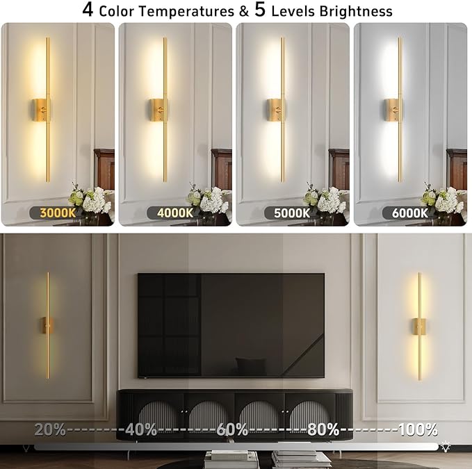 iThird 1 Pack Battery Operated Wall Sconce, Wireless Battery Wall Sconce with Remote Control, Gold LED Rechargeable Sconces, 31.5 Inch Modern Cordless Wall Lights for Bedroom Living Room Picture