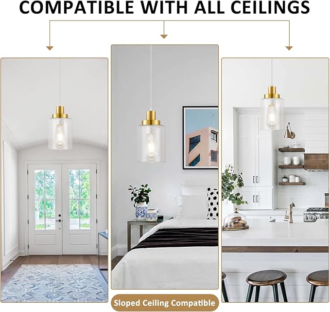 Industrial Pendant Lighting, Modern Clear Glass Shade Pendant Lights, Adjustable Hanging Light Fixtures, Farmhouse Pendant Lighting for Kitchen Island Living Room Bedroom Hallway 3-Pack (Gold)