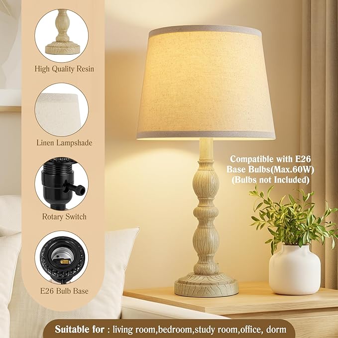 GyroVu 20.5" Table Lamps for Nightstand Set of 2, Farmhouse Lamps for Bedroom, Small Desk Lamps for Living Room, Linen Shades, Knob Switch, Bedside Lamps for Reading, Office(Creamy White)
