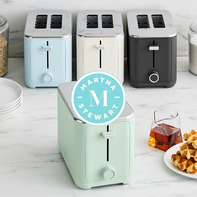 Martha Stewart 2 Slice Toaster, 10 Shade Settings with Defrost, Cancel, Bagel & Gluten-Free, Extra-Wide Self-Centering Slots for Waffles & Artisan Bread, Removable Crumb Tray, Cord Wrap, Honeydew