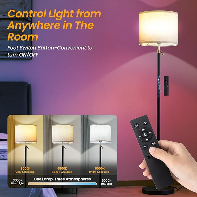 Remote Floor Lamp for Living Room and Bedroom - Modern RGB Standing Lamps Tall with Led Blub and Dimmable Light - 55"-67" Height Adjustable Standing Lamps with Shade for Corner Lighting（Black & Gold）