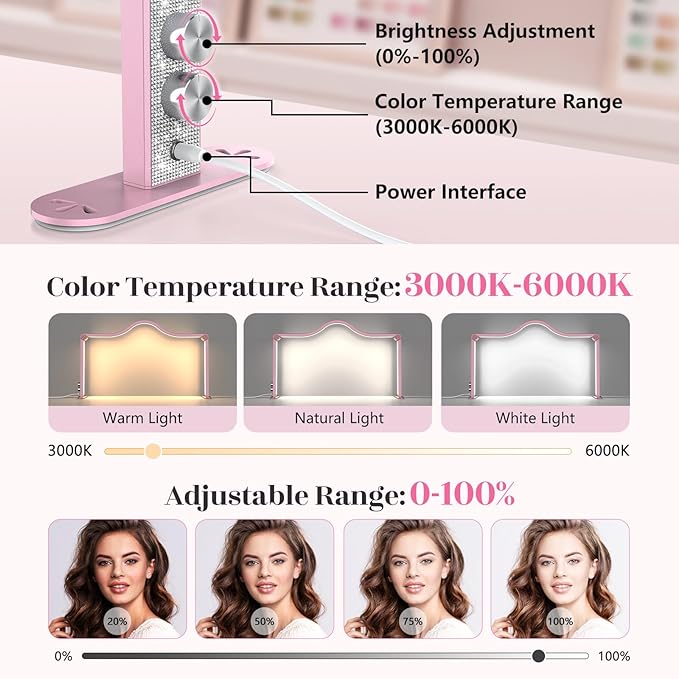 Yokilly Arc Half Moon Light: 34" Shadow-Free Half Moon Light for Desk Salon - Foldable LED Desk Lamp with Stepless Brightness for Manicurist (Rose Pink)