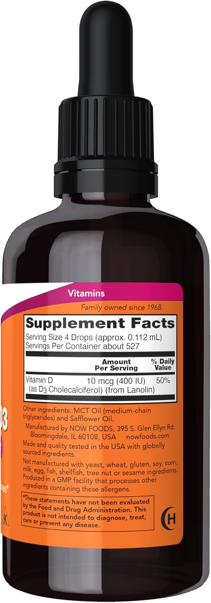 NOW Foods Compléments, Vitamine D-3 liquide, Os solides*, Soutien structurel*, 59 ml