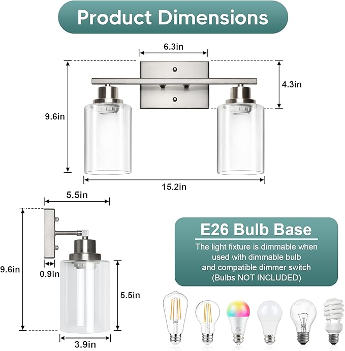 Ascher Bathroom Light Fixtures, 2-Light Vanity Light Over Mirror, Brushed Nickel Wall Sconces with Clear Glass Shades, Wall Lamp for Living Room Bedroom, E26 Base(Bulbs Not Included)