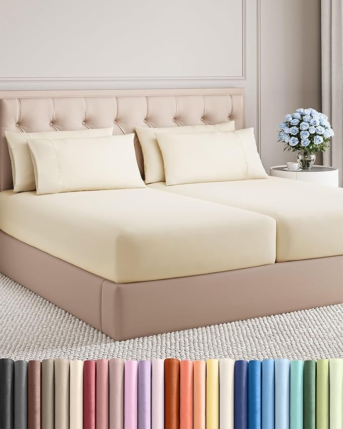 Split King 7 Piece Sheet Set - Comfy Breathable & Cooling - Soft Hotel Luxury Bedding Set with 8-16 Inch Deep Pockets - 1 Flat & 2 Fitted Sheet & 4 Pillowcases - Wrinkle Free & Easy Care - Off White