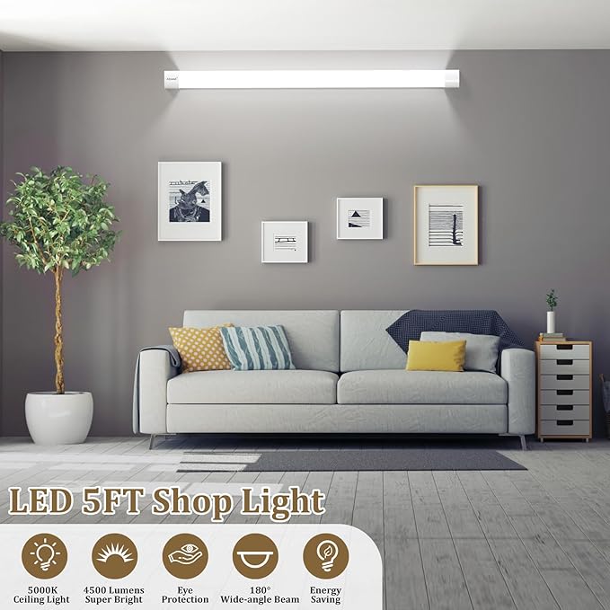 Airand Linkable Led Garage Light 5FT Shop Lighting Fixture with Plug in Cord, LED Closet Lights 5000K Under Cabinet Lighting Tube Lights 45W for Kitchen Bathroom Workbench with ON/Off Switch