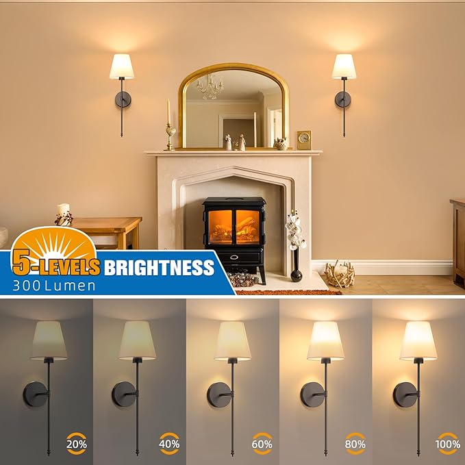 NIORSUN 19.9 inch Battery Operated Wall Sconce Set of 2,Black Rechargeable Wall Lights with 10400mAh Dimmable Detachable Bulbs and Remote,10 Colors Wireless Sconces for Bedroom Living Room Hallway