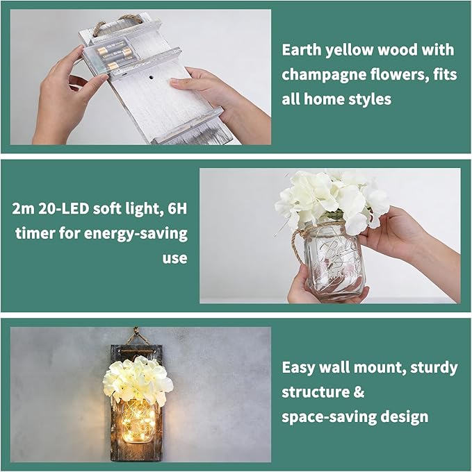 Anount Mason Jar Sconces,Besuerte Rustic Wall Decor Set of Two,LED String Lights for Modern Living Room, Home Decor Living Room Wall Art, 6 Hour Timer Set of 2 Grey (11" H x 4.3" W)