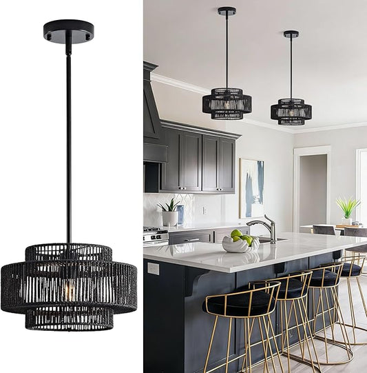 12.4” Black Boho Rattan Chandelier for Dining Room, 1-Light Hand Woven Pendant Light Fixture, Coastal Wicker Hanging Ceiling Light for Kitchen Island Living Room Bedroom Entryway Foyer