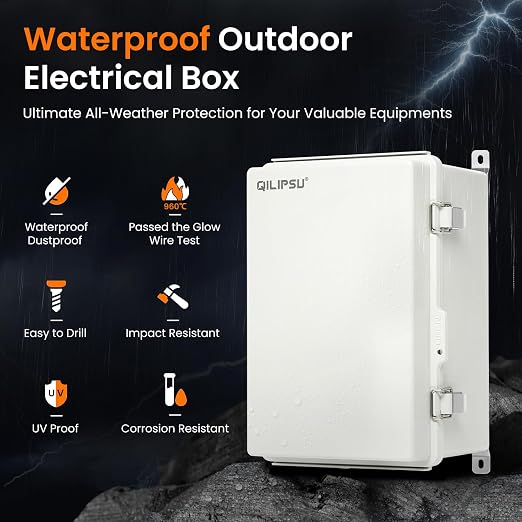 QILIPSU UL94-V0 Outdoor Electrical Box 8.3"x6.3"x3.9" Waterproof Junction Box Weatherproof PC/ABS Alloy Plastic IP66 Project Electric Enclosure Grey Hinged Door