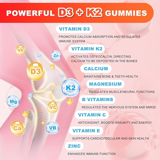 Sugar Free Vitamin D3 K2 Gummies - Vitamin D Gummies with VD3 10000IU, VK2 200MCG, 7 Essential Vitamins - Supports Bone, Muscle, Teeth & Immune - Vegan, Non-GMO, Strawberry Flavor, 120 Count