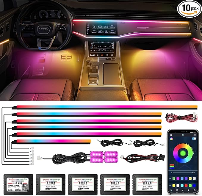 Dreamcolor Acrylic Interior Car Light 10 in 1 Automotive Ambient Light Kits with APP Control 16 Million Color 175 inches Fiber Optic Car LED Strip Light, RGB Music Sync Sound Activated Neon Light Kits