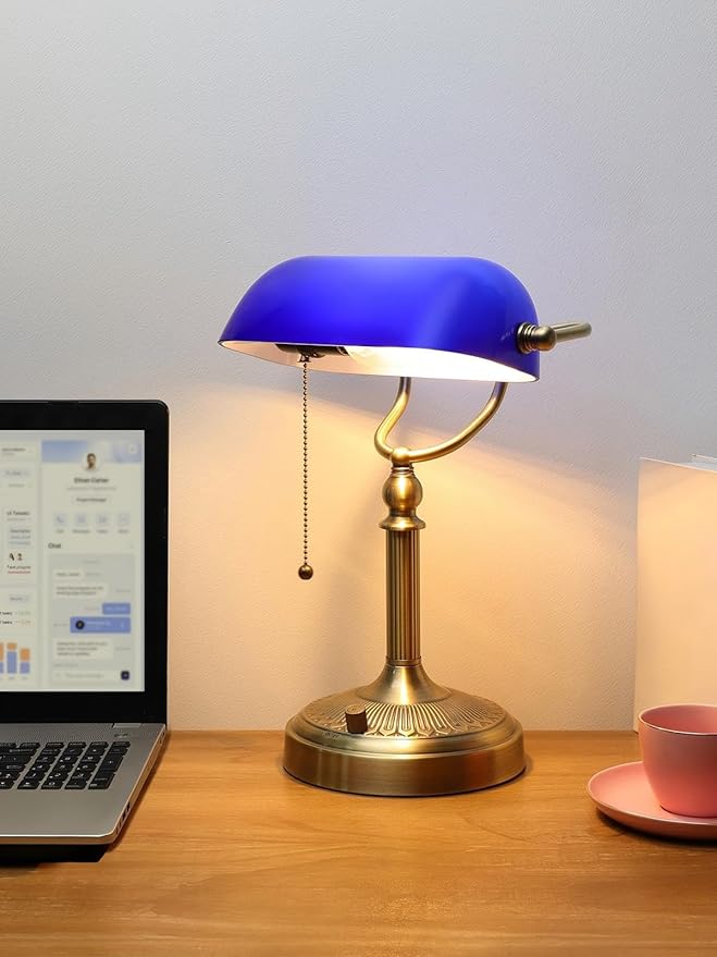 Blue Glass Bankers Desk Lamp, Stepless Dimmable Table Lamp Plug in Fixture for Study, Home Office, LED Bulb Included