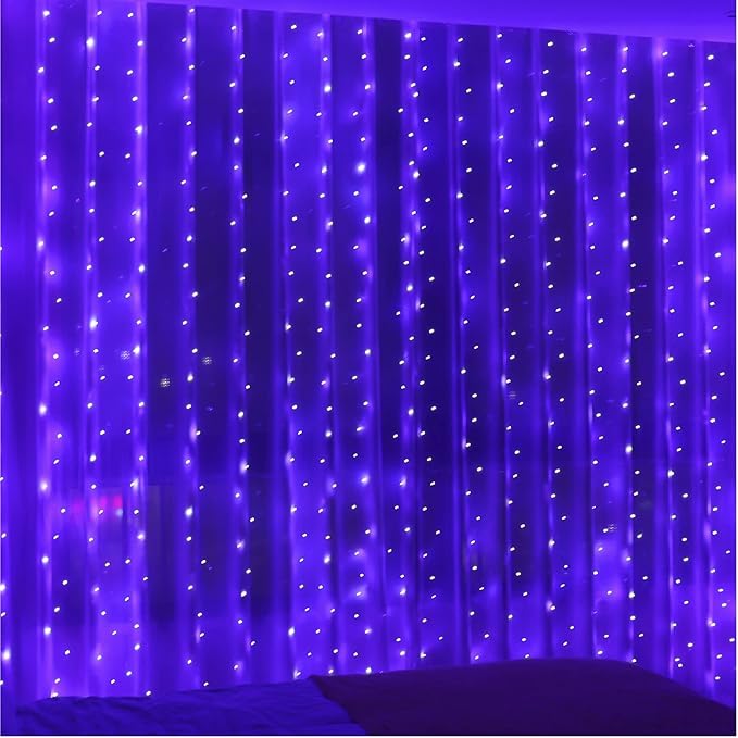 ZSJWL Curtain Lights, 300 LED Curtain Fairy Lights with Remote, 8 Modes 9.8 × 9.8 Ft Twinkle String Lights, Waterproof, USB Plug in, Copper Wire Lights for Bedroom Window Chrismas Party, Purple