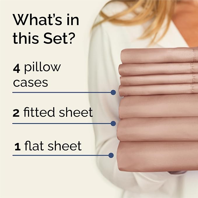 Split King 7 Piece Sheet Set - Comfy Breathable & Cooling - Ultra-Soft Hotel Luxury Bedding Set w/ 8-16 Inch Deep Pockets - 1 Flat & 2 Fitted Sheet & 4 Pillowcases - Wrinkle Free & Easy Care - Mauve