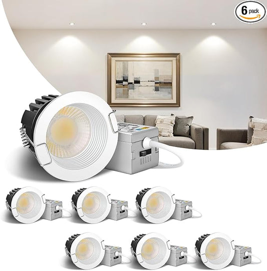 Aosclex 2 Inch 5CCT Anti-Glare LED Recessed Lights with Jbox, 2700K/3000K/3500K/4000K/5000K Selectable, 8W 840LM CRI90+, Dimmable Canless Downlight, Waterproof Light Fixtures, ETL & FCC（White, 6 Pack）