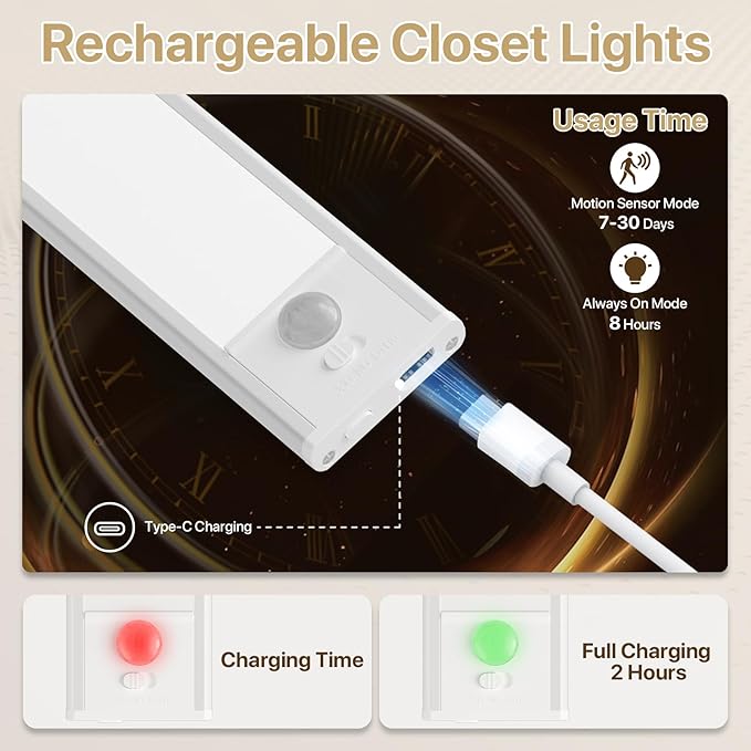 ORALUCE Under Cabinet Lighting Rechargeable Magnetic, 8inch LED Motion Sensor Light Indoor Battery Operated 3 Color Dimmable, Wireless Closet Lights for Kitchen Counter Stairs, 4 Pack