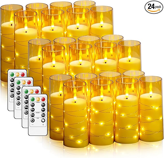 kakoya Flameless LED Candles with Timer 24 Pc Flickering Flameless Candles for Romantic Ambiance and Home Decoration Stable Acrylic Shell,with Embedded Star String，Battery Operated Candles(Gold)