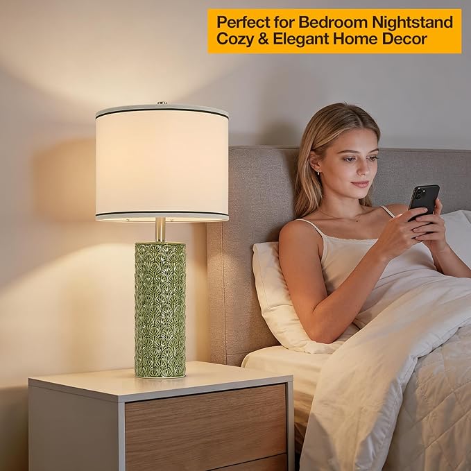 27" Tall Farmhouse Table Lamp Set of 2, Large Ceramic Bedside Lamps for Bedroom Living Room, 3-Color Temperature Dimmable Nightstand Lamps with Bulbs Included, Modern Home Decor (Light Green)