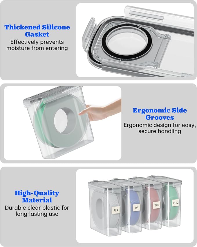 3D Printer Filament Storage Box, 4-Pack Airtight Containers for 1kg | Airtight silicone gasket and locking clips protect 1kg filament spools from moisture and dust for stable printing performance