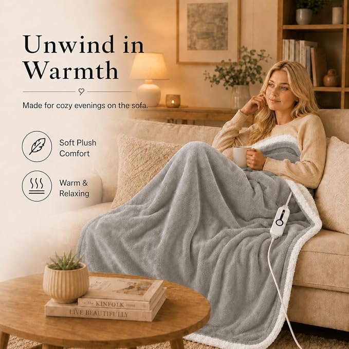 Electric Heated Blanket Full Size 72"x84" – ETL Certified for Safe Overnight, 4 Heat Settings & 10H Auto Off, Dual-Sided Microplush Sherpa for Home Theater Night, Machine washable – Light Gray