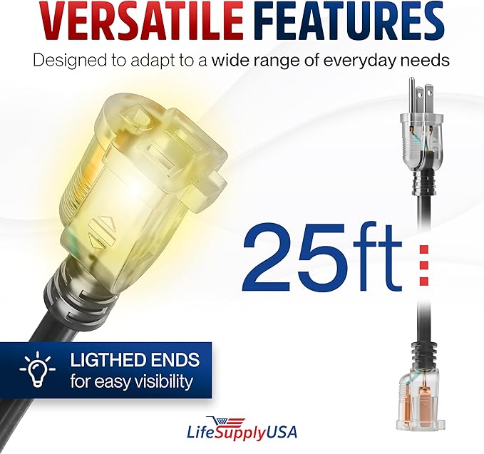25ft Outdoor/Indoor Extension Cord 12/3 Gauge Extra Heavy Duty 3 Prong SJTW, Waterproof, Flexible Cold-Resistant Long Power Cord,15A 125V 1875W, Black by LifeSupplyUSA