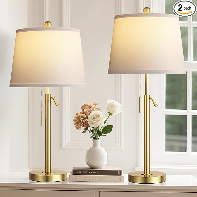 Tall Table Lamps Set of 2, Modern Gold Table Lamps with White Shade for Living Room, Height Adjustable Nightstand Lamps for Bedroom, 3 Color Temperature Beside Lamps with Pull Chain(Bulbs Included)