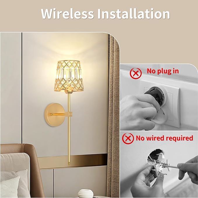 Gold Battery Operated Wall Sconces Set of 2, Crystal Rechargeable Wireless Wall Sconce Light Fixtures for Home Decor, Dimmable 12 RGB and 3CCT Wall Lamps with Remote for Living Room Bedroom Hallway
