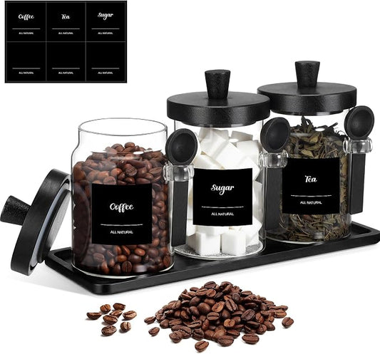 Suclain 3 Pcs Glass Coffee Container with Wooden Lid Spoon Shelf Labels Clear Airtight Jar Food Storage Canister Set for Sugar Spice Coffee Bean Holder Housewarming Gift(20 oz,Black Bamboo)