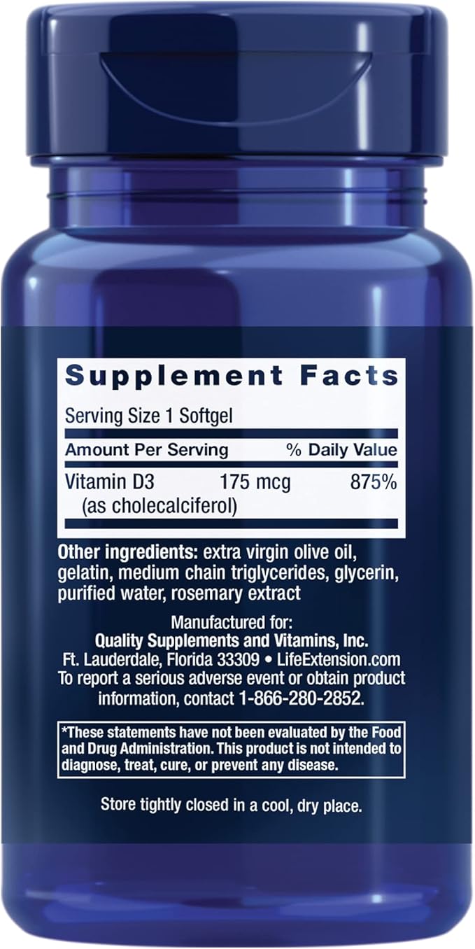 Life Extension Vitamine D3 175 mcg (7000 UI), soutien du système immunitaire, santé des os, performances cérébrales, sans gluten, sans OGM, une fois par jour, approvisionnement de deux mois, 60 gélules molles