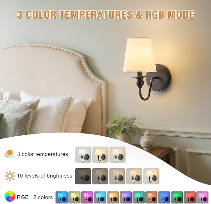 Battery Operated Wall Sconce Set of 2,Wireless Wall Sconces with 10000 mAh,RGB Rechargeable Sconces with Remote,Cordless Wall Lights for Bedroom,Living Room,Bathroom,Renter Friendly Home Decor (Black)