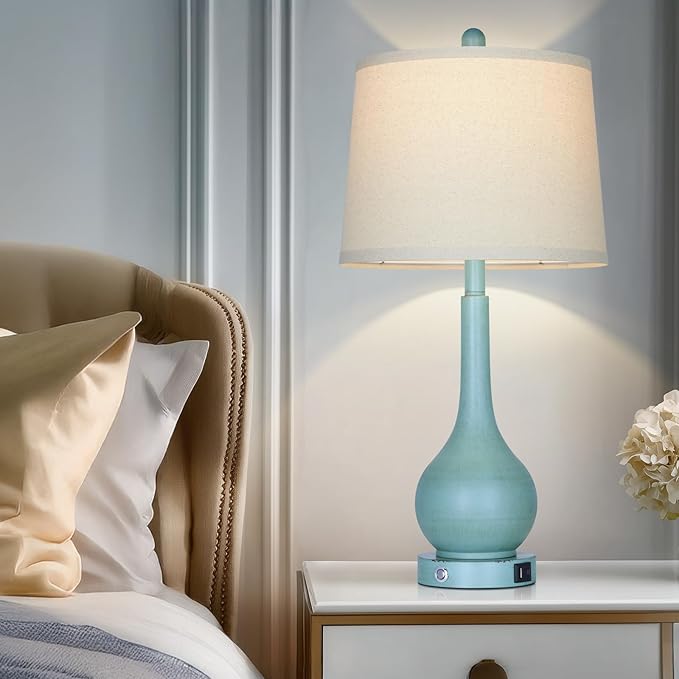 Rinweey 26" Coastal Table Lamps Set of 2, 3-Way Dimmable Touch Control Nightstand Lamps for Bedroom with USB A+C Ports, Modern Farmhouse Bedside Lamp for Living Room, Retro Blue (2 LED Bulbs Included)