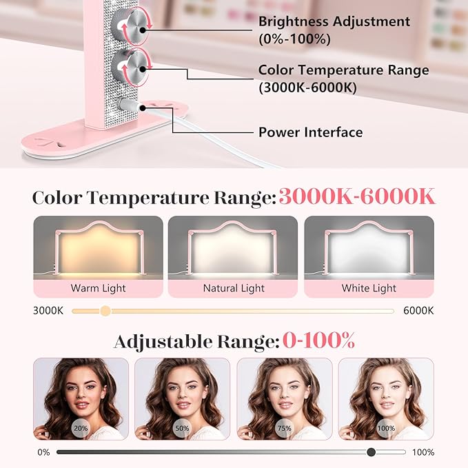 Yokilly Arc Half Moon Light: 34" Shadow-Free Half Moon Light for Desk Salon - Foldable LED Desk Lamp with Stepless Brightness for Manicurist (Pink)