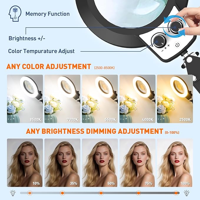 KIRKAS 12X Magnifying Glass with Light and Stand, Extra-Long Arm Magnifying Lamp Overhead Knob for Workbench Craft, Sewing, LED Lighted Magnifier Real Glass Lens Stepless Dimming and Color(35in Clamp)