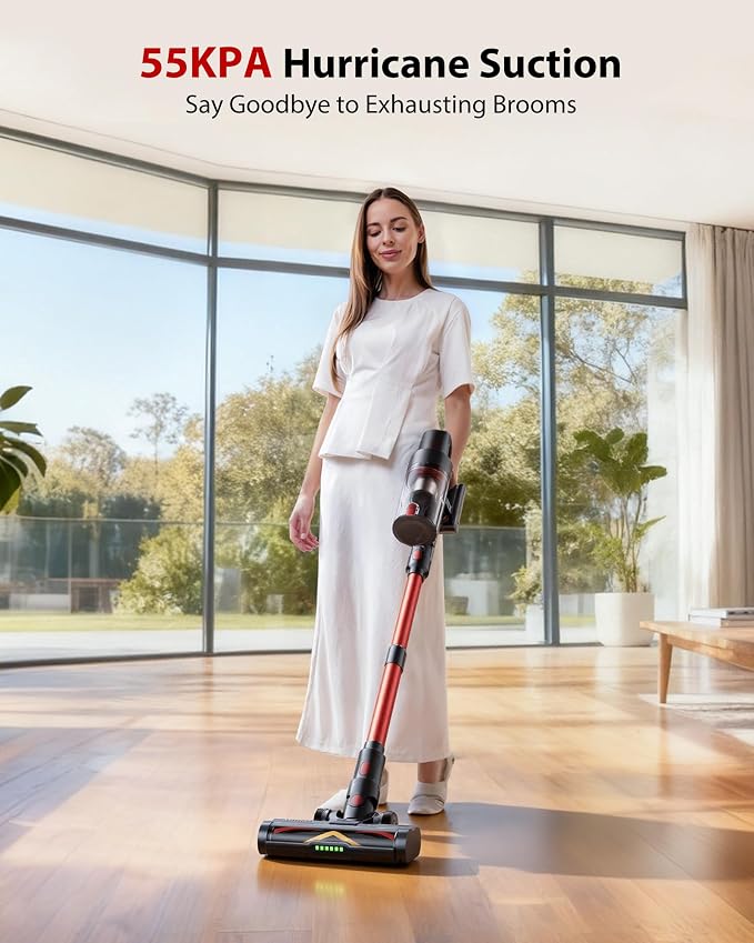 Cordless Vacuum Cleaner, 75Mins/55KPa/650W Freestanding Vacuum Cleaners for Home, with Anti-Static&Anti-Tangle Brush, LED Touch Screen, Stick Vacuum for Carpets, Pet Hair, Hardwood Floors