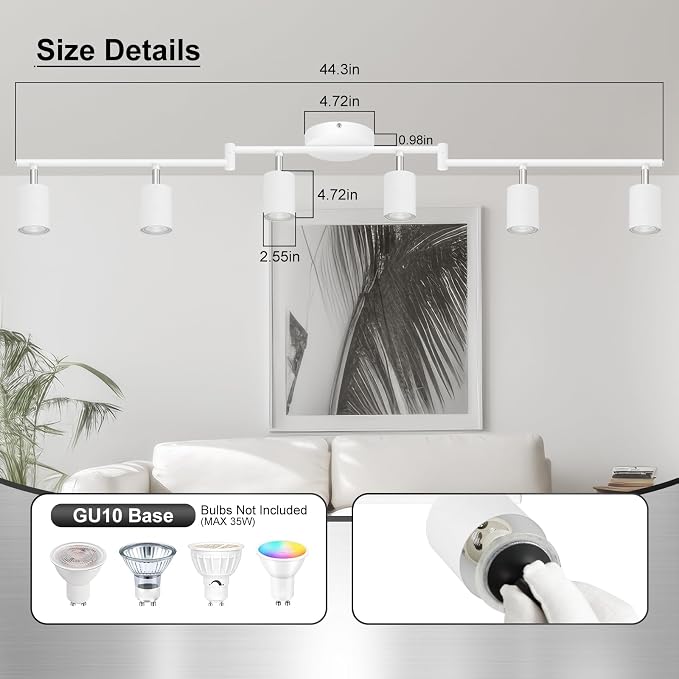 AUQUEE 6 Light Track Lighting Fixtures Ceiling, Matte White Kichen Track Lighting Fixtures with Rotatable Light Heads, Foldable Lamp Arms, Modern LED Track Lights for Kitchen/Hallway, No GU10 Bulb