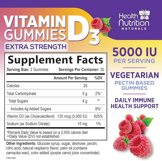 Vitamin D3 Gummies 5000 IU (125 mcg) - 3X Strength Immune Support and Bone Support, Vitamin D Gummy Dietary Supplement, Nature's Berry D Vitamin Supplement, Raspberry Flavored, Non-GMO - 60 Gummies