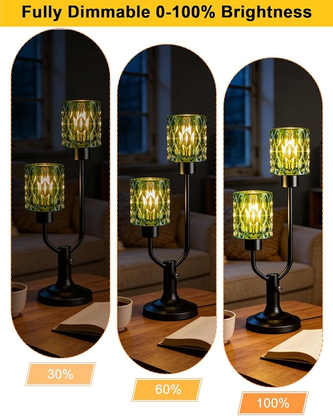 Lightdot Vintage Table Lamp for Living Room Dimmable Nightstand Lamp Mid Century Modern Green Glass Black Desk Lamp 2 Bulbs Included Warmwhite Ambient Bedside Lamps for Bedroom Home Office Decor Gift