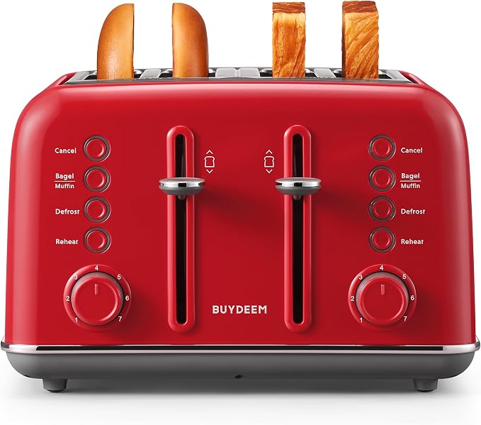 BUYDEEM DT640 4-Slice Toaster, 7 Shade Settings, Extra Wide 1.5’’ Slots for Bagel & English Muffin, 6 Toasting Functions, Retro Stainless Steel Toaster with High Lift Lever, 1800W, Red