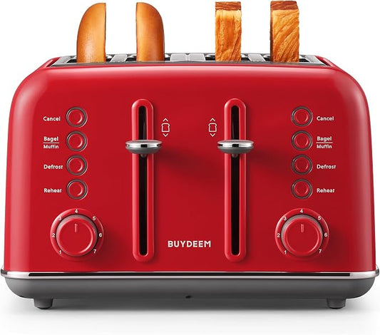 BUYDEEM DT640 4-Slice Toaster, 7 Shade Settings, Extra Wide 1.5’’ Slots for Bagel & English Muffin, 6 Toasting Functions, Retro Stainless Steel Toaster with High Lift Lever, 1800W, Red