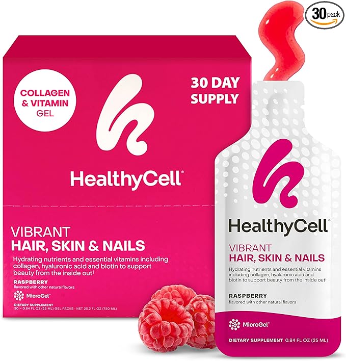 Healthycell Cheveux Peau & Ongles Éclatants - Complément Liquide Quotidien - Compléments Beauté avec Nutriments Hydratants & Vitamines Essentielles - Collagène, Biotine & Acide Hyaluronique - 30 Sachets de Gel