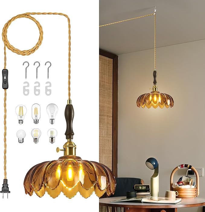 Modern Tawny Plug in Glass Pendant Light Retro Flower Glass Hanging Lamp Gold Brass Decorative Adjustable Ceiling Hanging Light Suitable for Kitchen Island Bedroom Dining Room Living Room