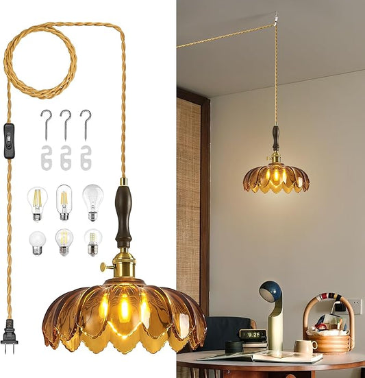 Modern Tawny Plug in Glass Pendant Light Retro Flower Glass Hanging Lamp Gold Brass Decorative Adjustable Ceiling Hanging Light Suitable for Kitchen Island Bedroom Dining Room Living Room