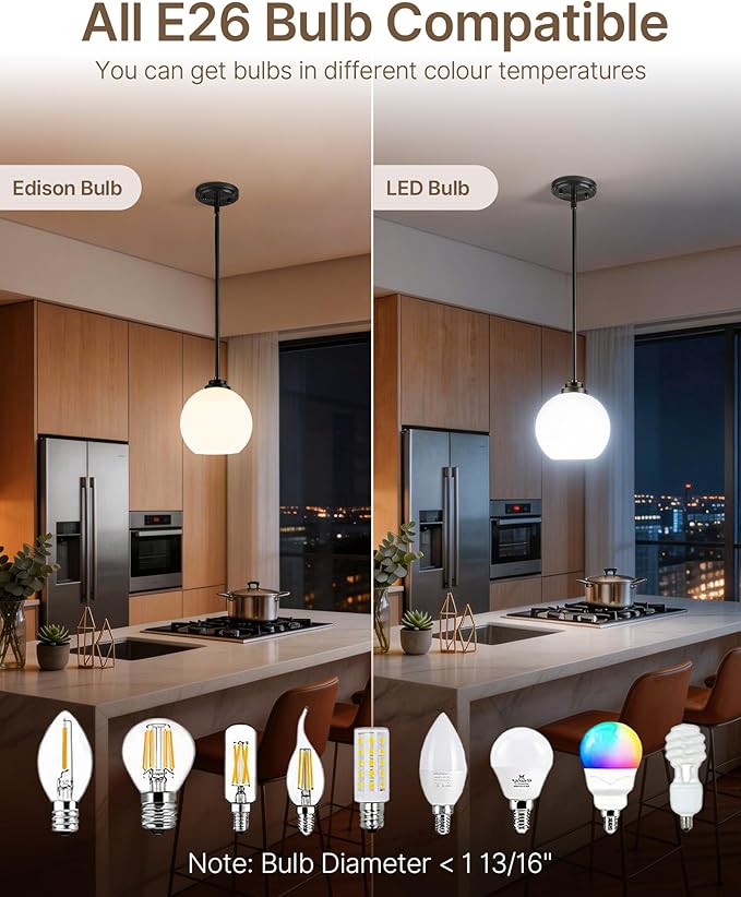 Majade Globe Pendant Lights Mid Century Modern Kitchen Island Pendant Light Fixtures 7.4 Inch Black Brass Pendant Lighting with Milk Glass Adjustable Hanging Light Fixtures for Dining Room living room