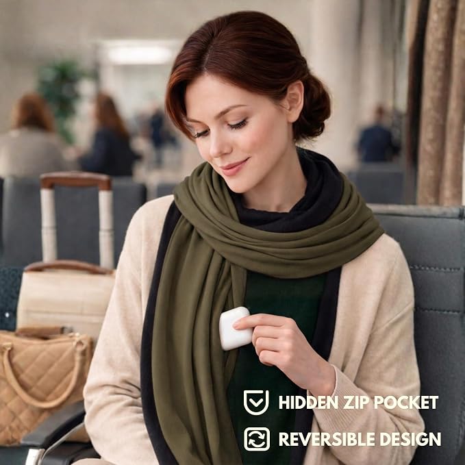 16-in-1 Compact Travel Blanket with Bag – Reversible, Ultra Soft Bamboo Airplane Blanket with Hidden Pocket – Packable for Flights & Travel Essentials (Semi-Weighted, Double Layer)