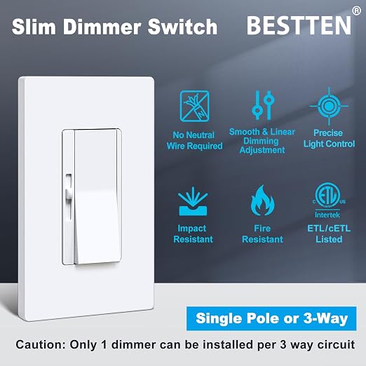 BESTTEN 3 Pack Super Slim Slide Dimmer Light Switch, Quiet Rocker, Max 300W LED, CFL, 600W Incandescent, Single Pole or 3 Way Dimmable Switch with Screwless Wallplate, ETL Listed, White