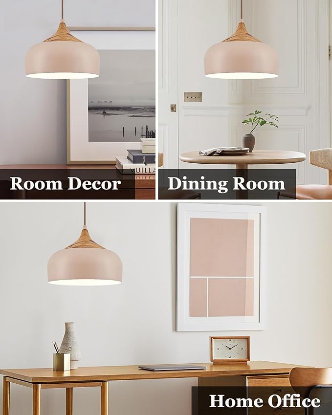 ELYONA 12 Inch Modern Pendant Light for Kitchen Island Farmhouse Hanging Lamp with Faux Pine Wood Grain Metal Shade, Adjustable Wabi Sabi Boho Ceiling Fixture for Dining Room Bedroom,Light Brown