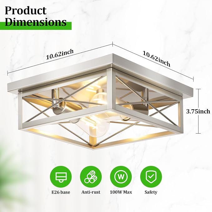 Brushed Nickle Hallway Light Fixtures, 2-Light Modern Farmhouse Flush Mount Ceiling Lights, 2-Pack Chrome Kitchen Light Fixtures, Square Close to Ceiling Lights for Bedroom Living Room Entryway