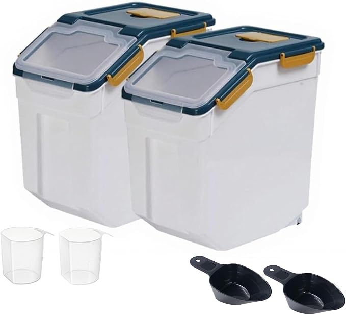 RUIAN 2Pcs Large Flour Storage Container Bin 25Lb Airtight Rice Storage Containers with Wheels Seal Locking Lid, BPA Free with Measuring Cup&Scoop for Flour, Rice, Grain(Blue)